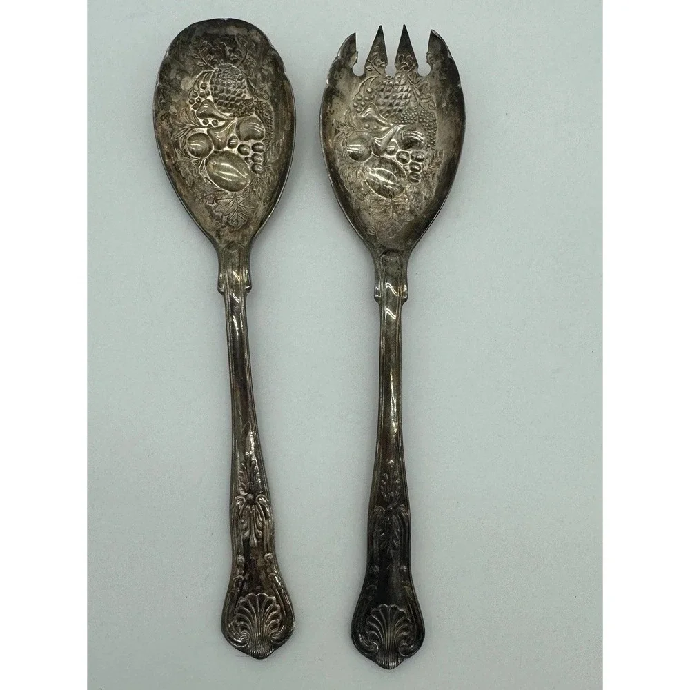 Antique FB Rogers Silver Plated Salad Serving Set Italy Fruit Pattern EPNS 9in